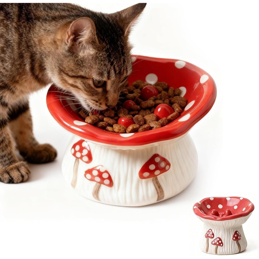 Cute Mushroom Elevated Cat Slow Feeder Bowl